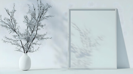 Minimalist White Room Interior with Blank Frame and Branches in a Vase, Minimalism, interior design, empty frame, blank canvas, mockup