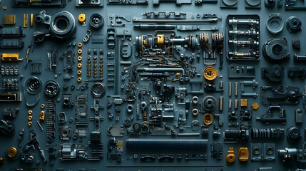 Fototapeta premium Abstract Mechanical Parts Pattern, background, black, blue, brass, chrome