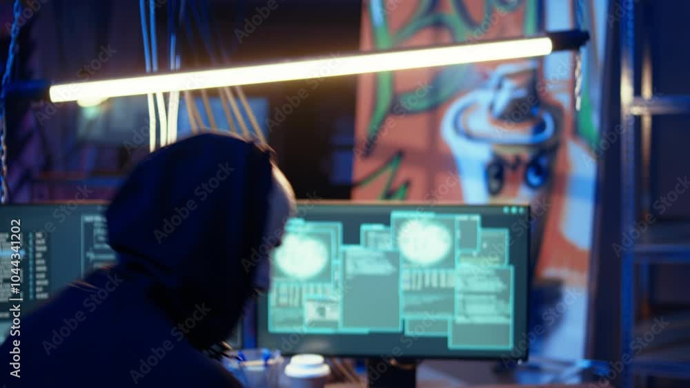 Poster tracking shot of hooded spy in underground hideout stealing valuable data by targeting governmental 