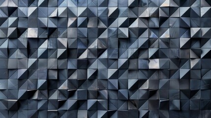 Obraz premium An intricate 3D mosaic of dark blue triangular tiles creates a striking geometric pattern, offering a sense of depth and modern abstract artistry.
