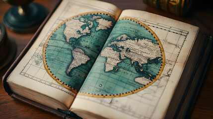 Open antique book with a vintage world map illustration.