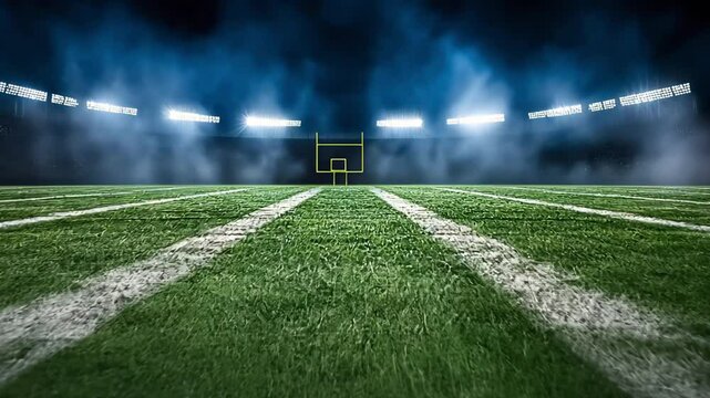 A wide shot of an empty football field at night with spotlights and smoke.