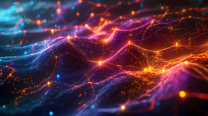 Obraz premium A digital landscape where lines of light connect nodes, forming a glowing network in an abstract dreamscape. Digital Dreamscape. Illustration