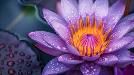 Obraz premium A stunning close-up of a purple lotus flower adorned with water droplets, showcasing its vibrant yellow stamen against lush petals in a serene setting.