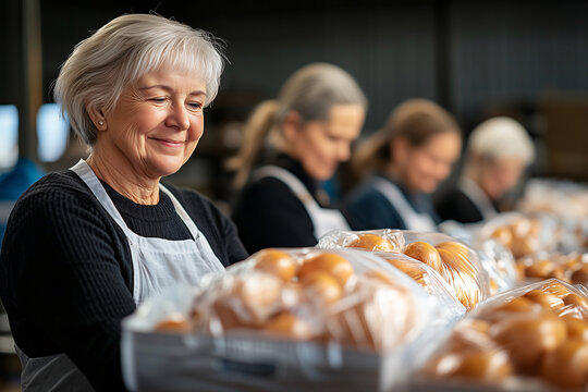 Smiling senior bakery worker arranging fresh bread