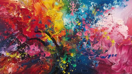 This abstract artwork showcases a dynamic explosion of vivid colors, blending reds, blues, yellows, and pinks, evoking the essence of creativity and imagination.