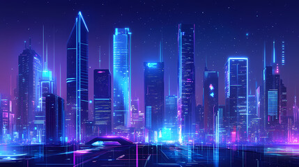 A futuristic cityscape at night with skyscrapers and glowing blue technology user interface screens. Futuristic Skyscraper. Illustration