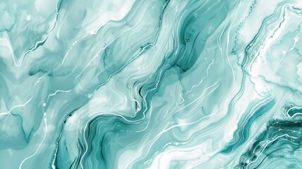 A captivating abstract image illustrating a flowing marble pattern in turquoise and white hues, exhibiting a sense of serenity and movement within the artistic composition.