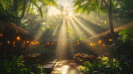 Tropical Rainforest Restaurant with Sun Rays Illustration