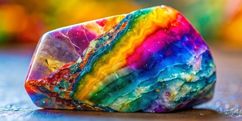 A rainbow spectrum of colors is trapped within the fractured surface of a smooth, polished gemstone.