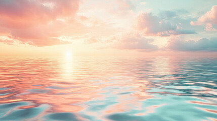 Naklejka premium Serene ocean at sunset with pastel clouds and calm waters.