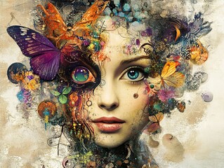 Surreal Woman with Butterfly and Floral Motifs