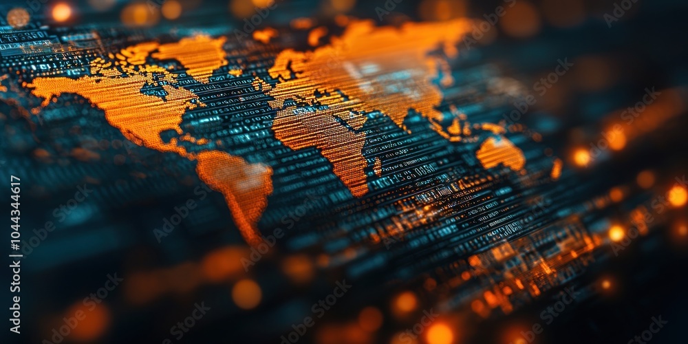 Poster A Digital Map of the World Represented by Code and Glowing Lights