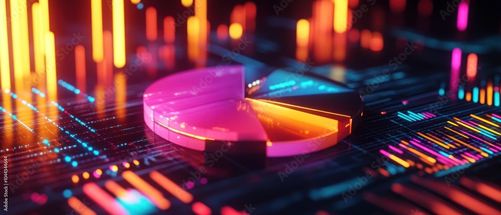 Poster a vibrant pie chart amidst glowing data visualizations, representing analytical insights.