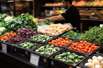 Obraz premium Male grocery worker arranging vegetables in produce section