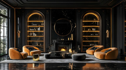 Luxurious Living Room Interior Design with Black and Gold Accents, luxury, modern, contemporary, elegant, stylish