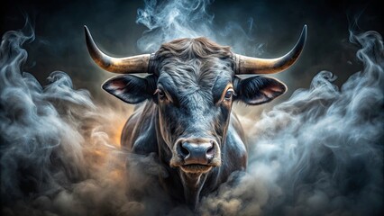 A Powerful Bull Emerges From a Cloud of Smoke, Its Horns Held High, Displaying Determination and Strength.