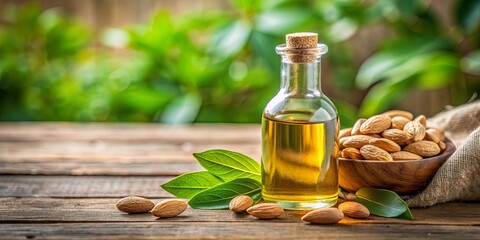 A glass bottle of golden oil sits on a rustic wooden surface, surrounded by almonds and green leaves, creating a natural and inviting scene.