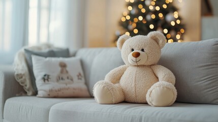 An empty scene featuring blank mockup template (a bear-shaped pillow on a couch), creating an ideal product mockup space, 