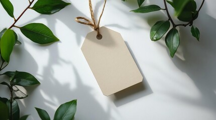 Product Hang Tag Mockup Blank Paper Tag with String on White Background Minimal Design. Generative AI