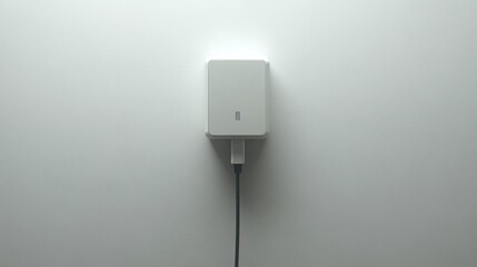 Wall-mounted white device with a cable on a plain white background perfect for minimalist home technology or smart device mockup designs.. Generative AI