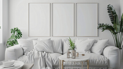 A bright and airy living room features a plush white sofa adorned with numerous cushions, alongside three empty picture frames against a white wall for lifestyle.
