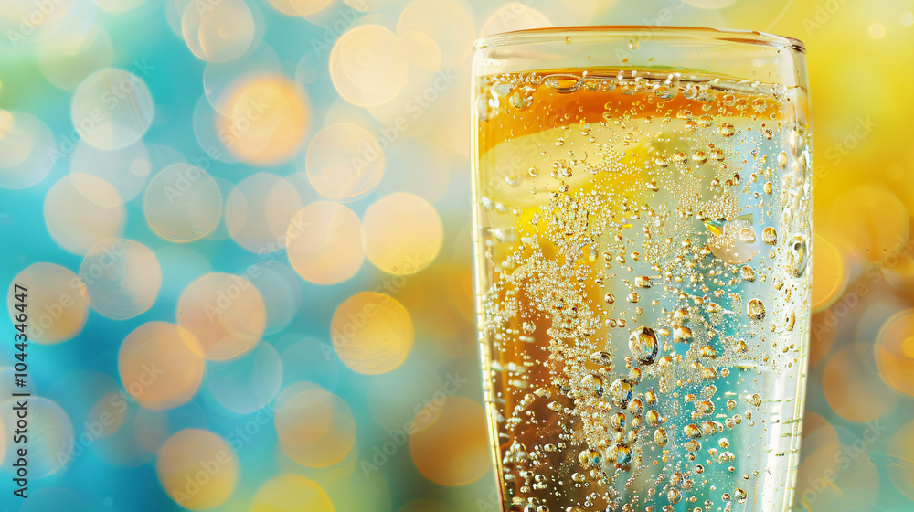 Poster a close-up of a glass filled with sparkling champagne, showing bubbles and a slice of lemon against 