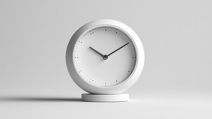 Minimalist desk clock isolated on white background. Modern white clock design mockup with black hands. Elegant timeless clock concept for office or home decor.. Generative AI