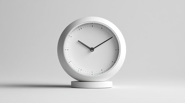 Minimalist desk clock isolated on white background. Modern white clock design mockup with black hands. Elegant timeless clock concept for office or home decor.. Generative AI