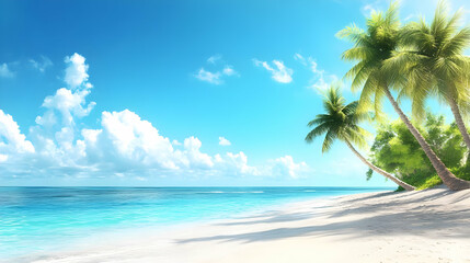 Tropical Beach Paradise, palm trees, ocean, blue sky, white sand, summer