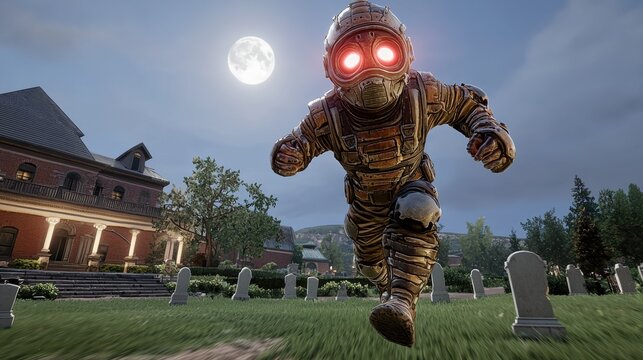 Futuristic Cosmonaut Robot Exploring Eerie Moonlit Graveyard Landscape