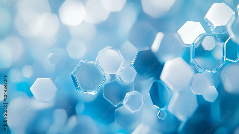 Poster a macro image showcases a vibrant blue background filled with various hexagonal and round bubbles, c