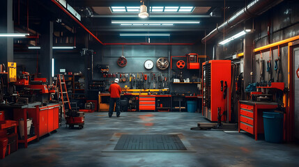 Mechanic in a Red Garage, workshop, tools, worker, industrial, metal