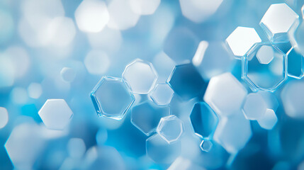A macro image showcases a vibrant blue background filled with various hexagonal and round bubbles, creating a visually striking abstract design for graphic resources.