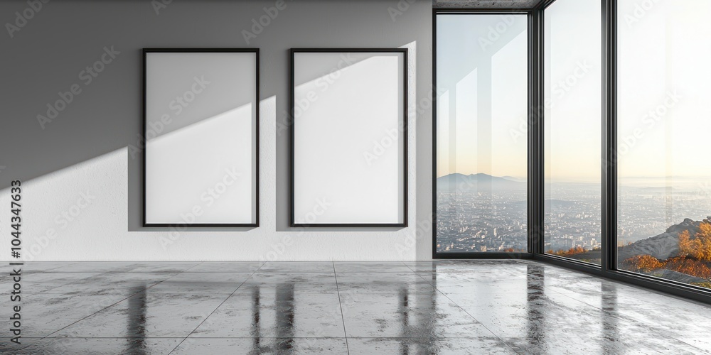 Poster two empty picture frames in a room with a city view