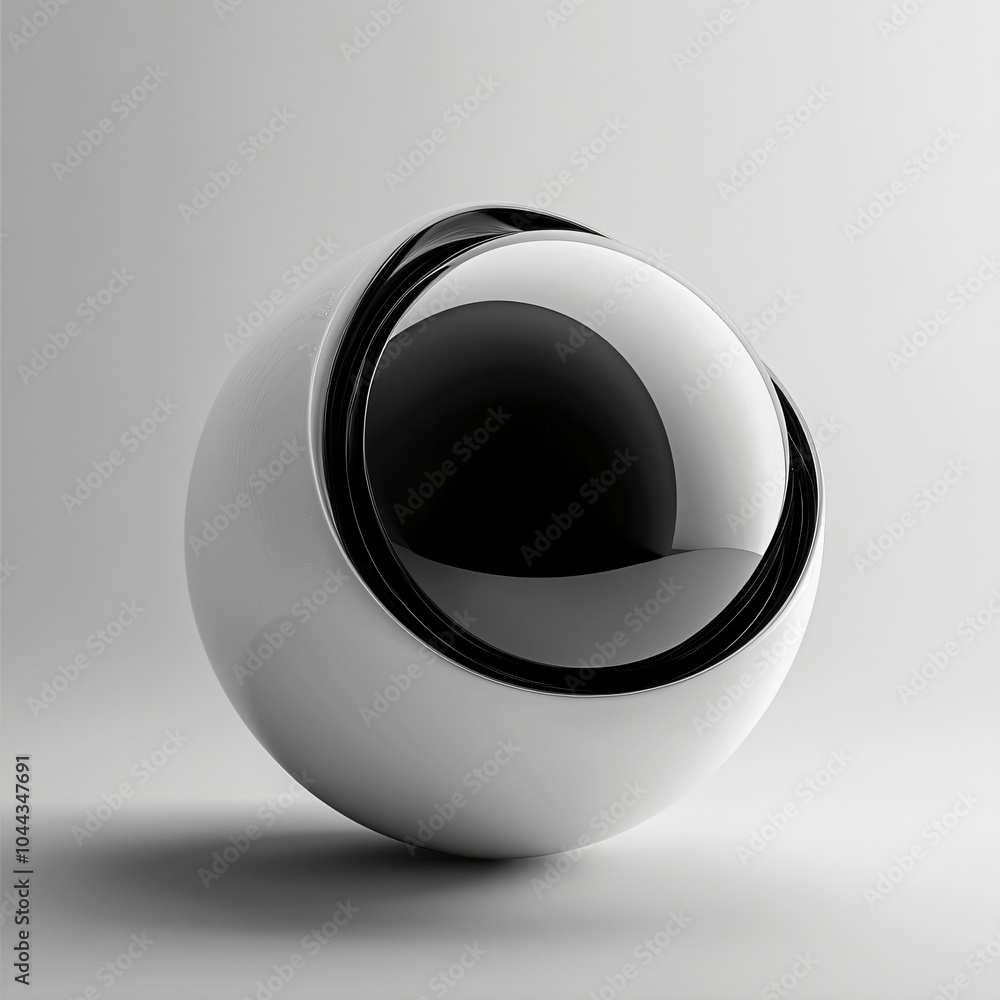Poster a sleek and modern black and white sphere features a reflective surface with a contrasting black str