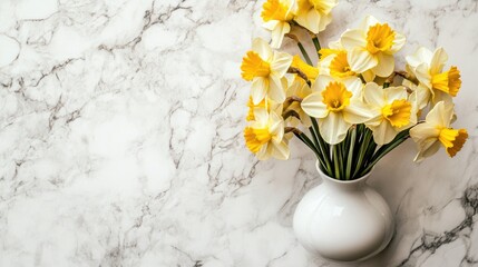 Bright Daffodils in a White Vase on Marble Surface