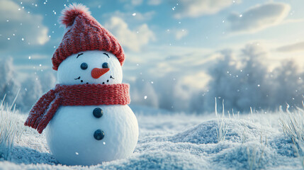 Obraz premium A cheerful snowman wearing a red knitted hat and scarf stands in a snowy landscape, embodying the essence of winter and festive joy for seasonal imagery.
