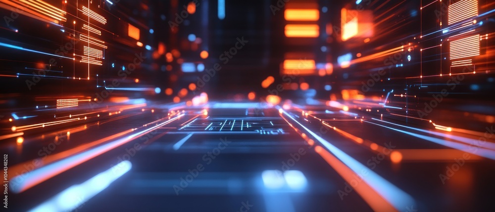 Poster a futuristic digital landscape with glowing lines and circuits, representing technology and data flo