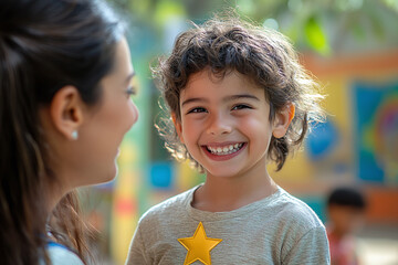 A teacher giving a student a gold star for excellent work.