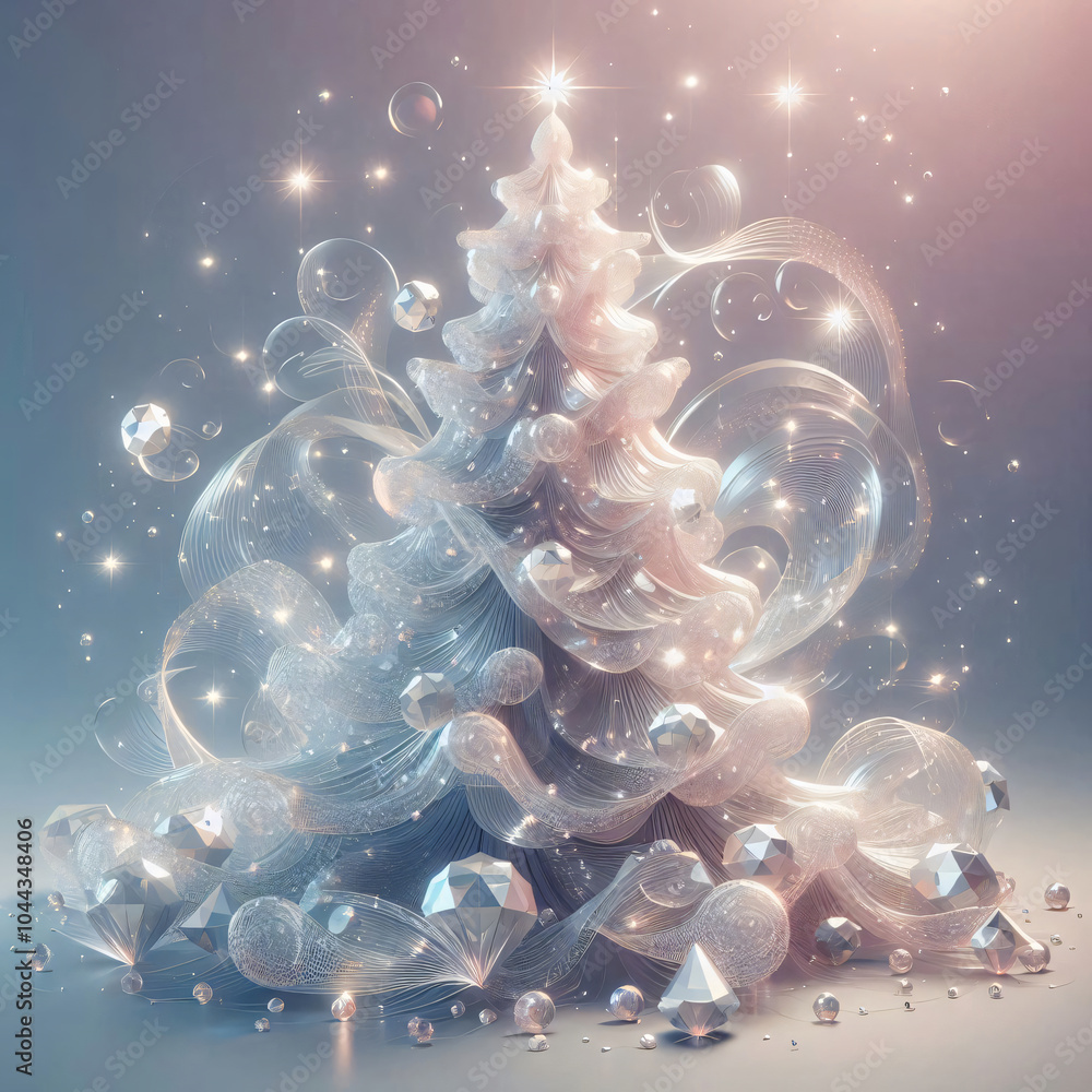 Poster a shimmering christmas tree made of translucent materials adorned with sparkling bubbles and geometr