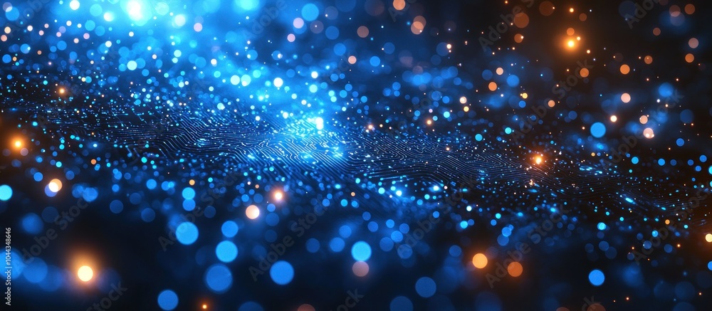 Poster abstract blue and orange bokeh lights on a dark background with a subtle grid pattern