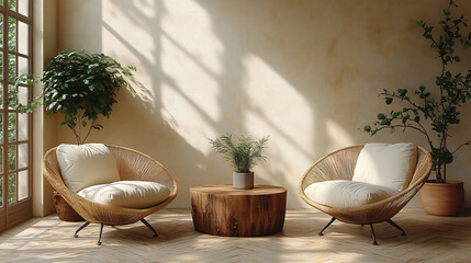 A serene indoor setting showcasing two stylish rattan chairs next to a wooden coffee table and a potted plant, bathed in soft natural light from large windows for lifestyle.