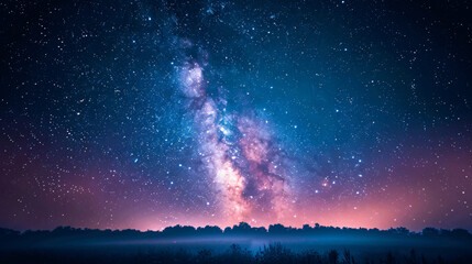 A stunning night sky filled with stars and the Milky Way galaxy, casting a mystical glow over the dark landscape below, showcasing the beauty of the universe for landscapes.