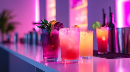 Stylish bar table with a row of colorful cocktails, vibrant pink and violet lights reflecting off the glass, highlighting nightlife energy