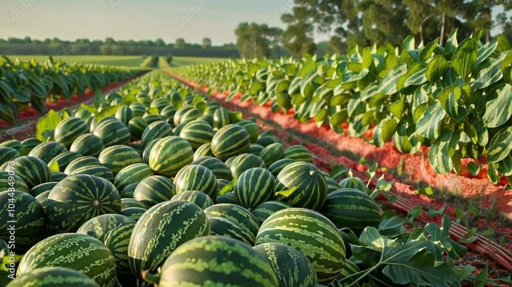 Poster this watermelons are scattered across the ground in a lush green field with rows of plants.
