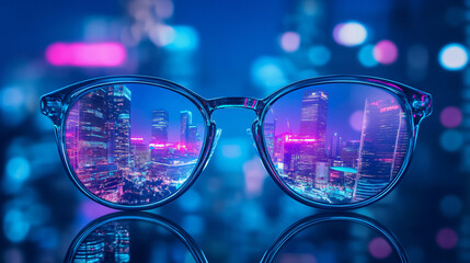A pair of stylish glasses reflecting a vibrant city skyline with neon lights, creating a captivating and colorful scene that embodies urban life for lifestyle.