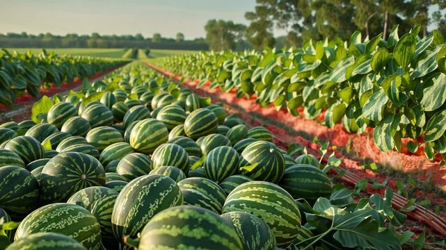 This Watermelons are scattered across the ground in a lush green field with rows of plants.