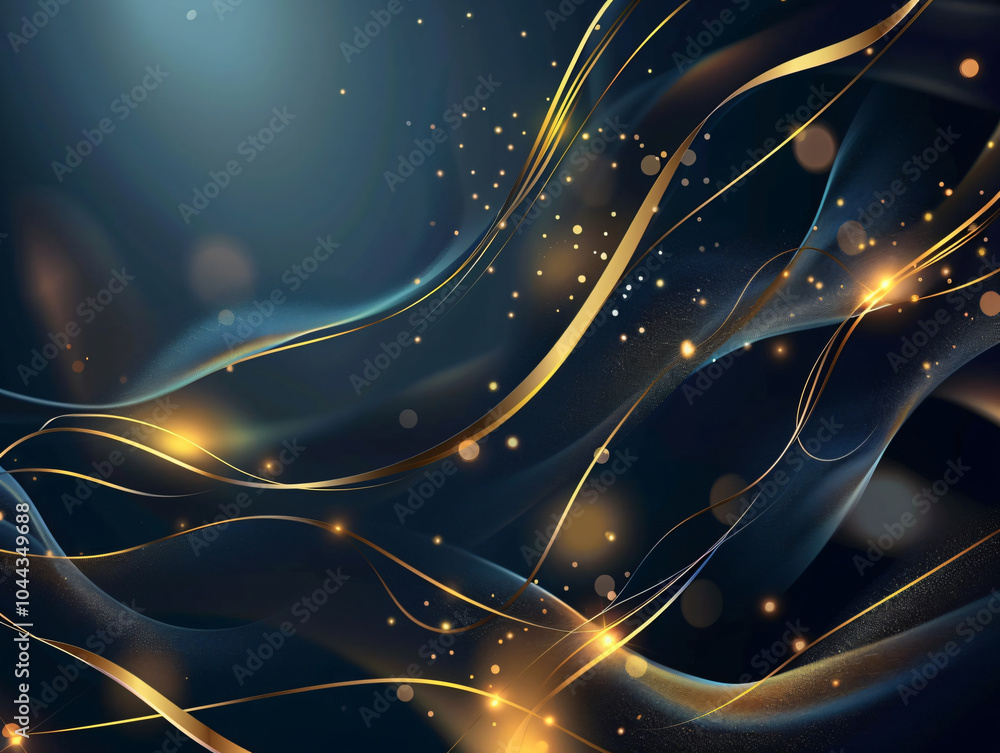 Poster an abstract representation of flowing lines in gold shimmering against a dark background, creating a