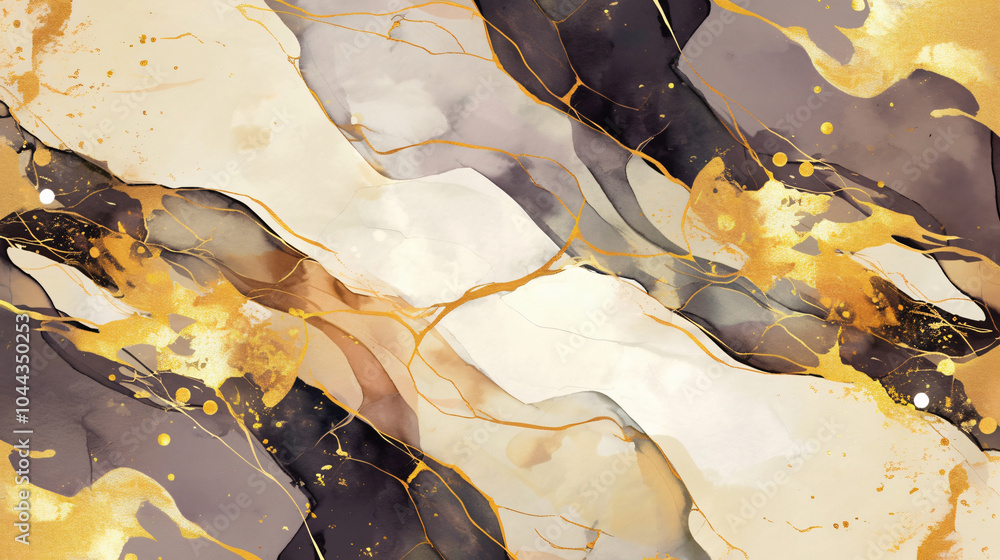 Poster an abstract design featuring fluid shapes in earthy tones of gold, brown, and cream, creating a rich